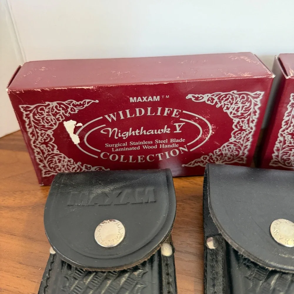 Lot of 3 Maxam Wildlife Nighthawk V Black Leather Knife Sheaths Basketweave Box